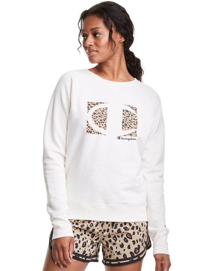 Sudadera Champion Mujer - Powerblend Fleece Crew Leopard Colorblock Logo ( Blancas ) 5149267-VH